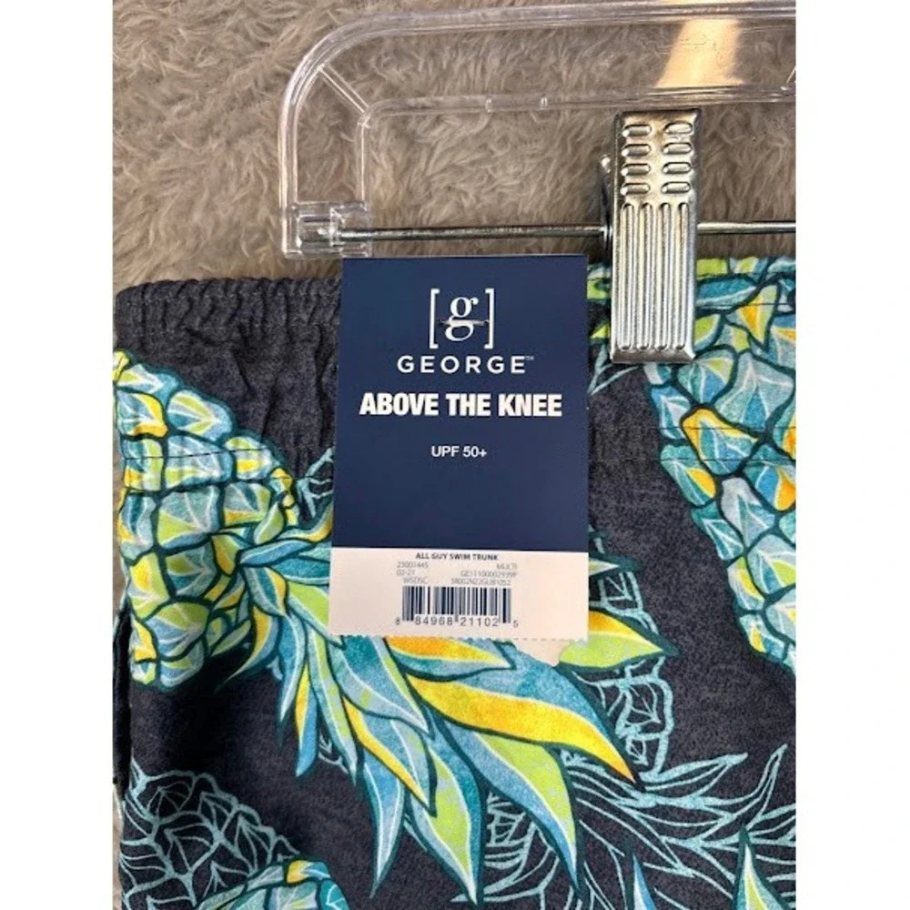 George Men's Above The Knee Swim Trunks Pineapple Print Blue Yellow XL 40-42‎